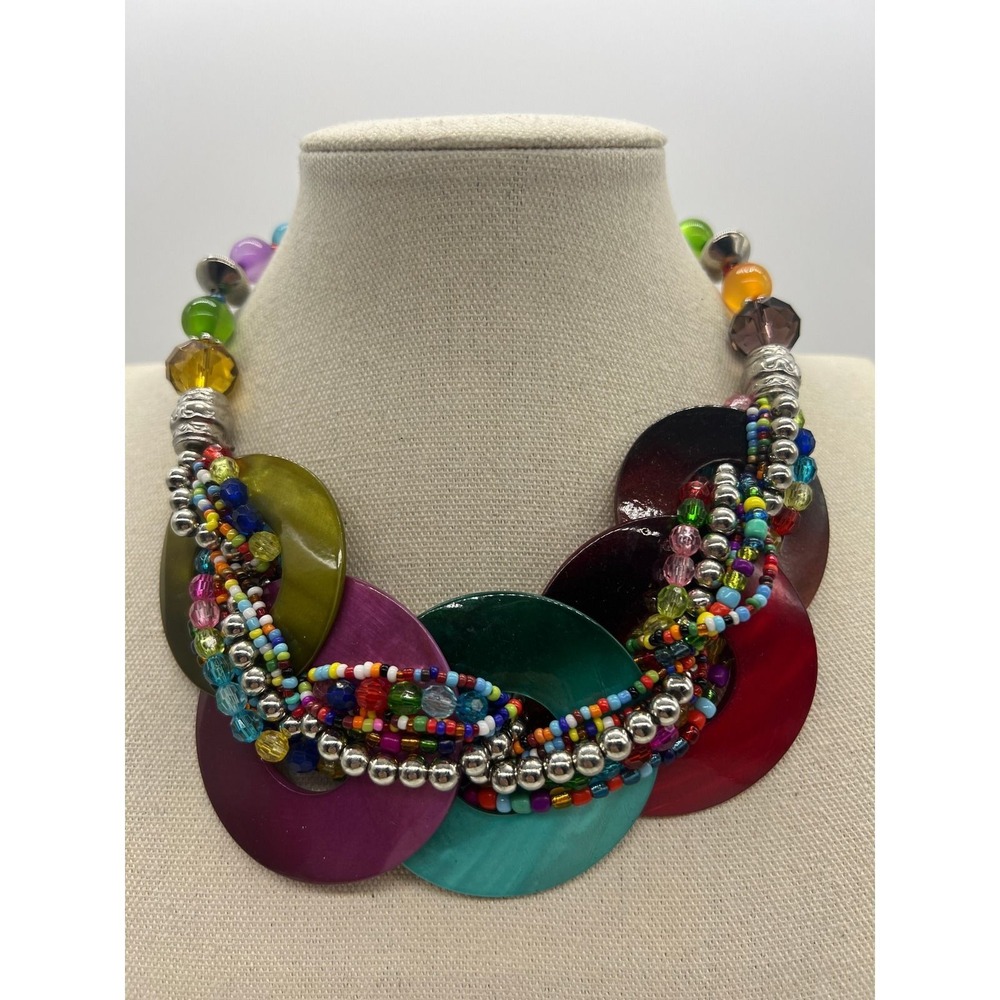 Shell Disc Statement Necklace Multistrand Seed Bead Boho Festival Colorful Mixed